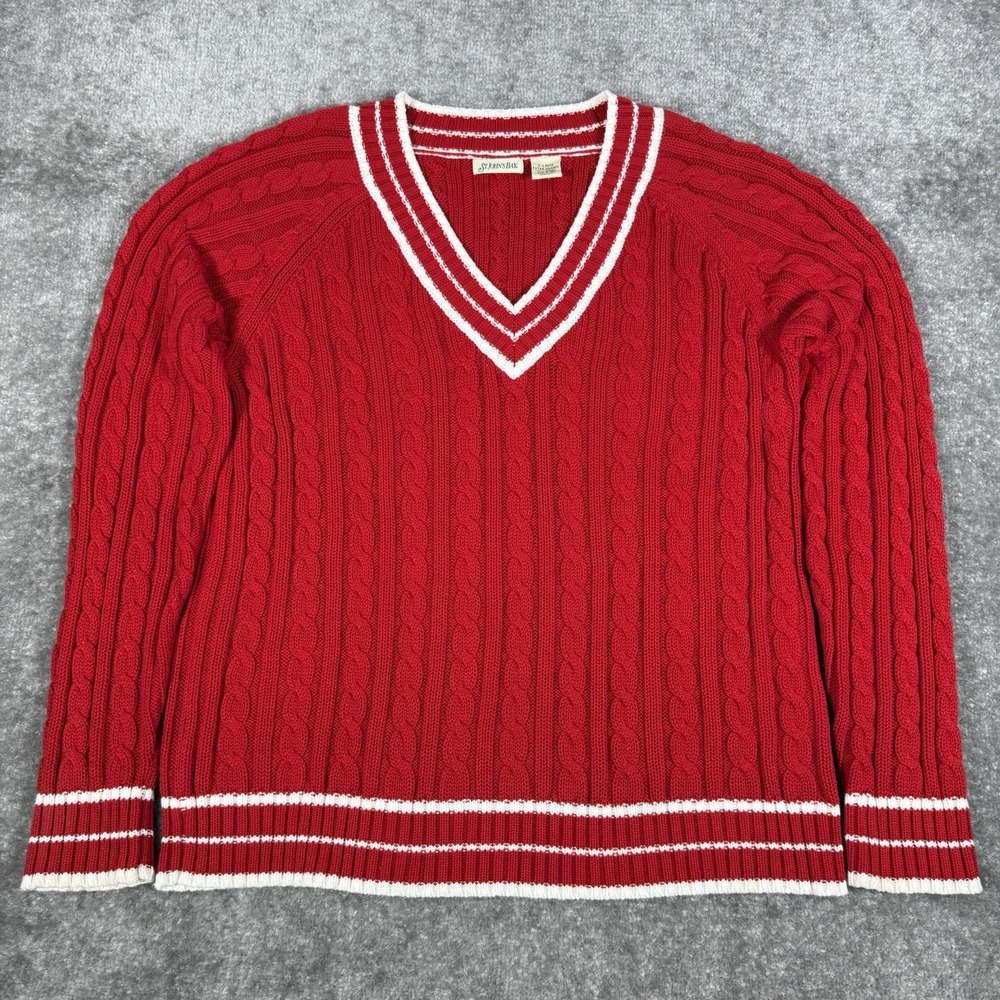 Vintage St Johns Bay Sweater Women's XL Redβ Cable Knit Tennis V-Neck Classic